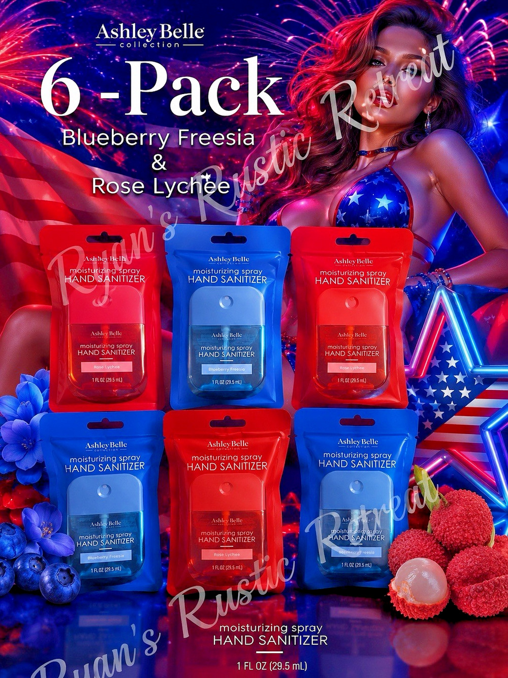 Ashley Belle 6pk Hand Sanitizer Blueberry Freesia Rose Lychee Patriotic